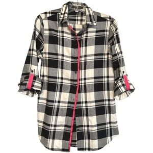 Pearly Vine Button Down Shirt Women Black White Plaid Pink Trim Cabin Outdoor  S